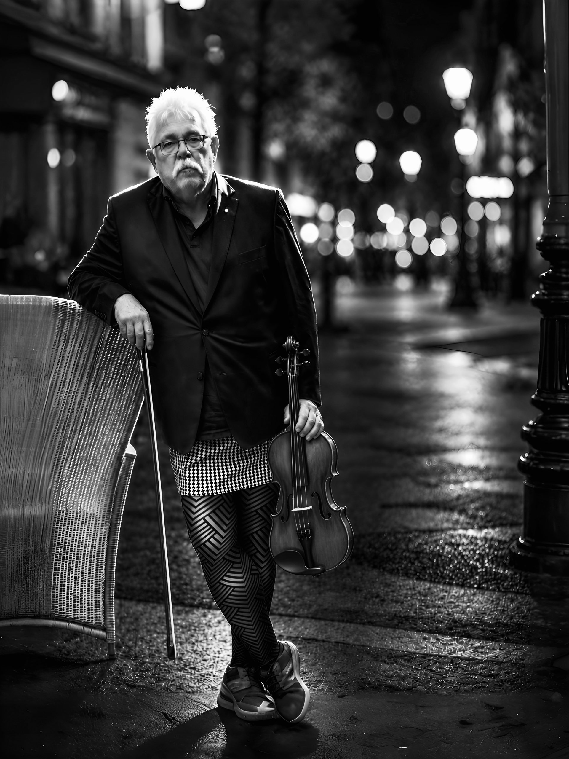Künstlerisches Schwarzweißfoto von Henry mit Geige auf einer nassen Straße bei Nacht. Er trägt Sakko, gemusterte Strumpfhose und Sneakers; im Hintergrund leuchten unscharfe Straßenlaternen.