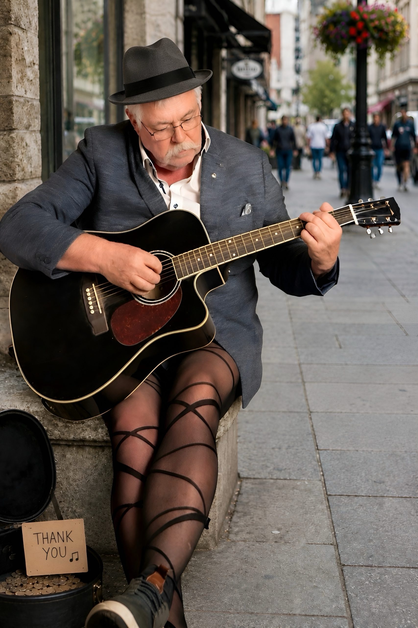 Henry sitzt in urbaner Umgebung auf einer Steinbank, trägt Fedora, Blazer, gemusterte Strumpfhosen und Sneaker und spielt konzentriert eine schwarze Akustikgitarre.