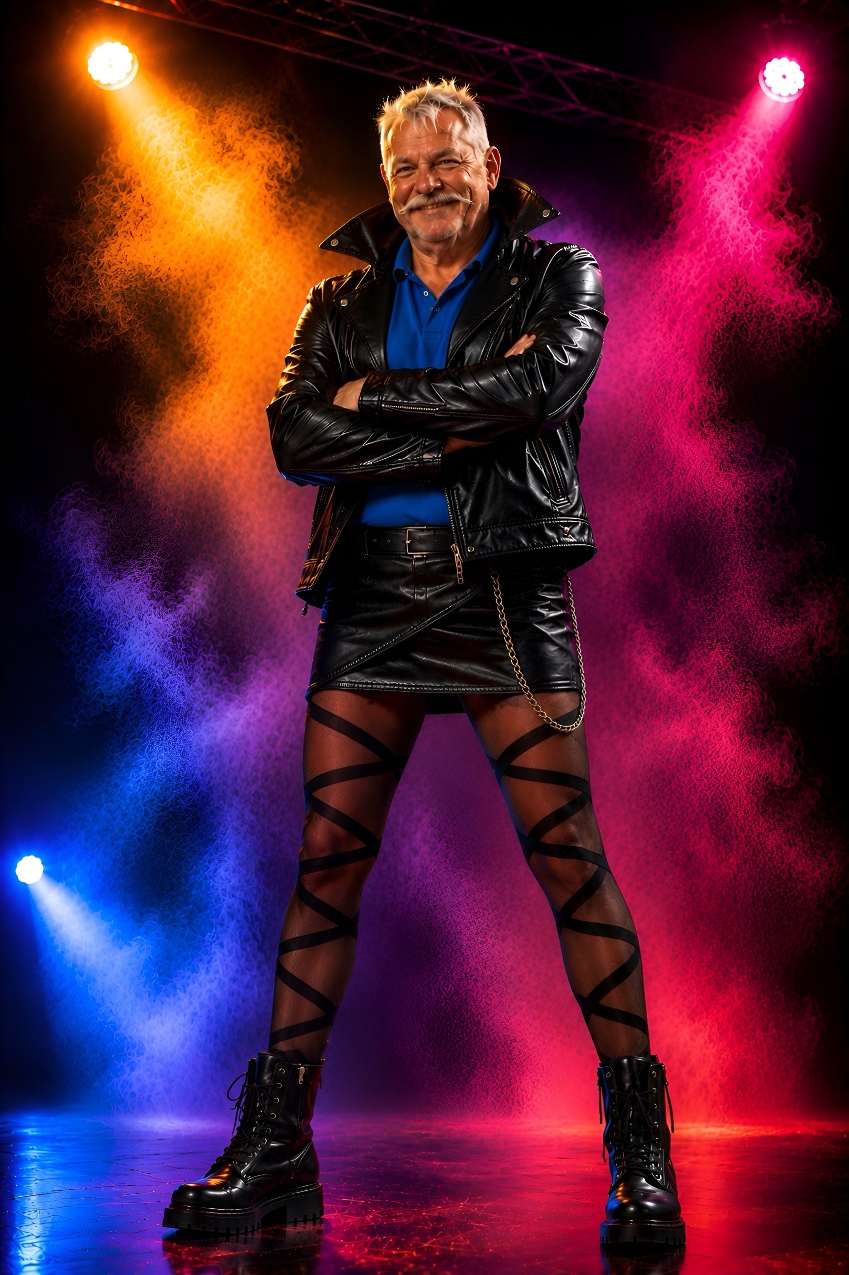 Henry Freisinger als Fotograf in grafisch gemusterter Strumpfhose, schwarzem Leder-Minirock, Lederjacke und Boots in einer farbigen Fashion-Inszenierung mit intensivem Studiolicht.