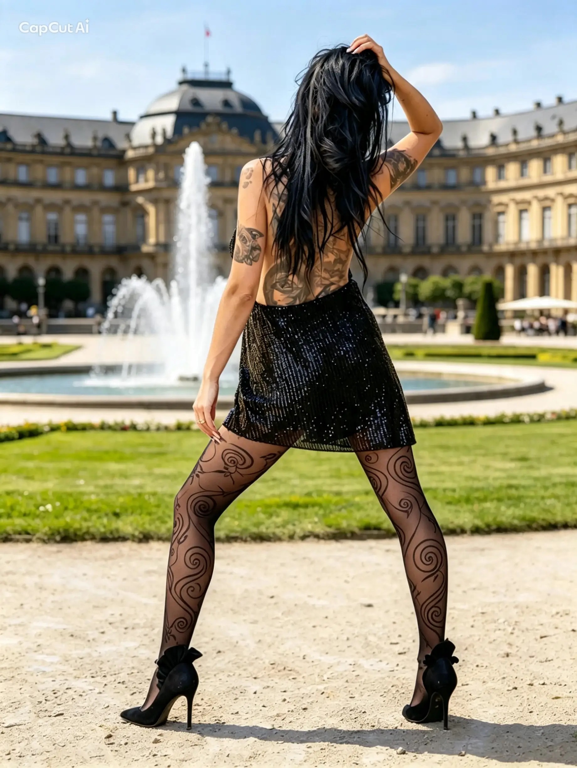 Dunkelhaarige, tätowierte Frau in Rückenansicht vor einer historischen Schlossanlage mit großem Springbrunnen. Sie trägt ein kurzes schwarzes, leicht glitzerndes Kleid, schwarze High Heels und eine transparente schwarze Feinstrumpfhose mit großflächigem grafischem Spiral- und Rosenmuster. Die selbstbewusste Pose und die klassische Architektur erzeugen einen spannenden Kontrast zwischen moderner Fashion und eleganter Umgebung. Fotografie: Henry Freisinger.